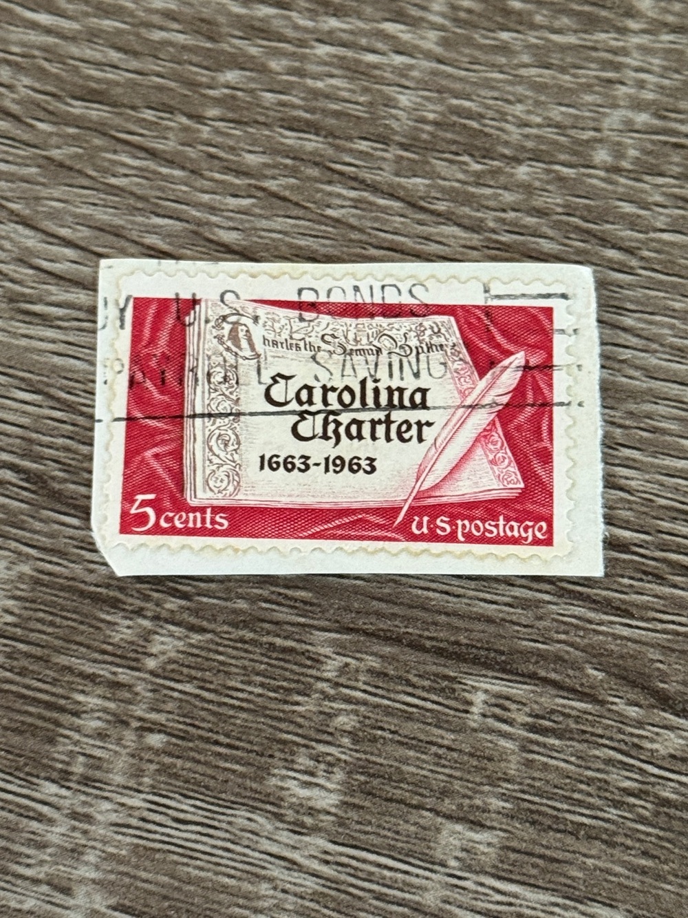 1963 5c Carolina Charter US Postage Stamp, Vintage Rare Art